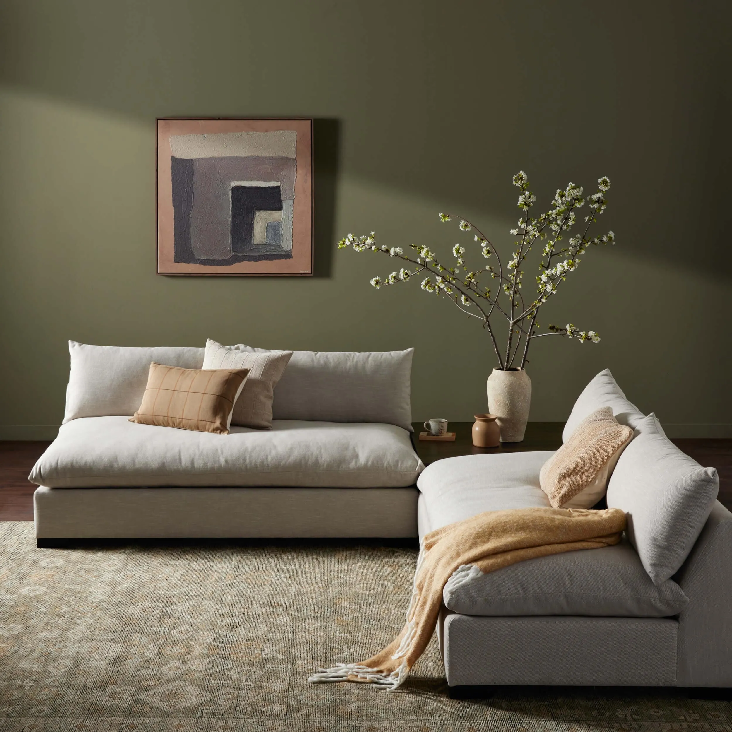 Grant Sectional w/Corner Table, Ashby Oatmeal/Dark Spalted Primavera
