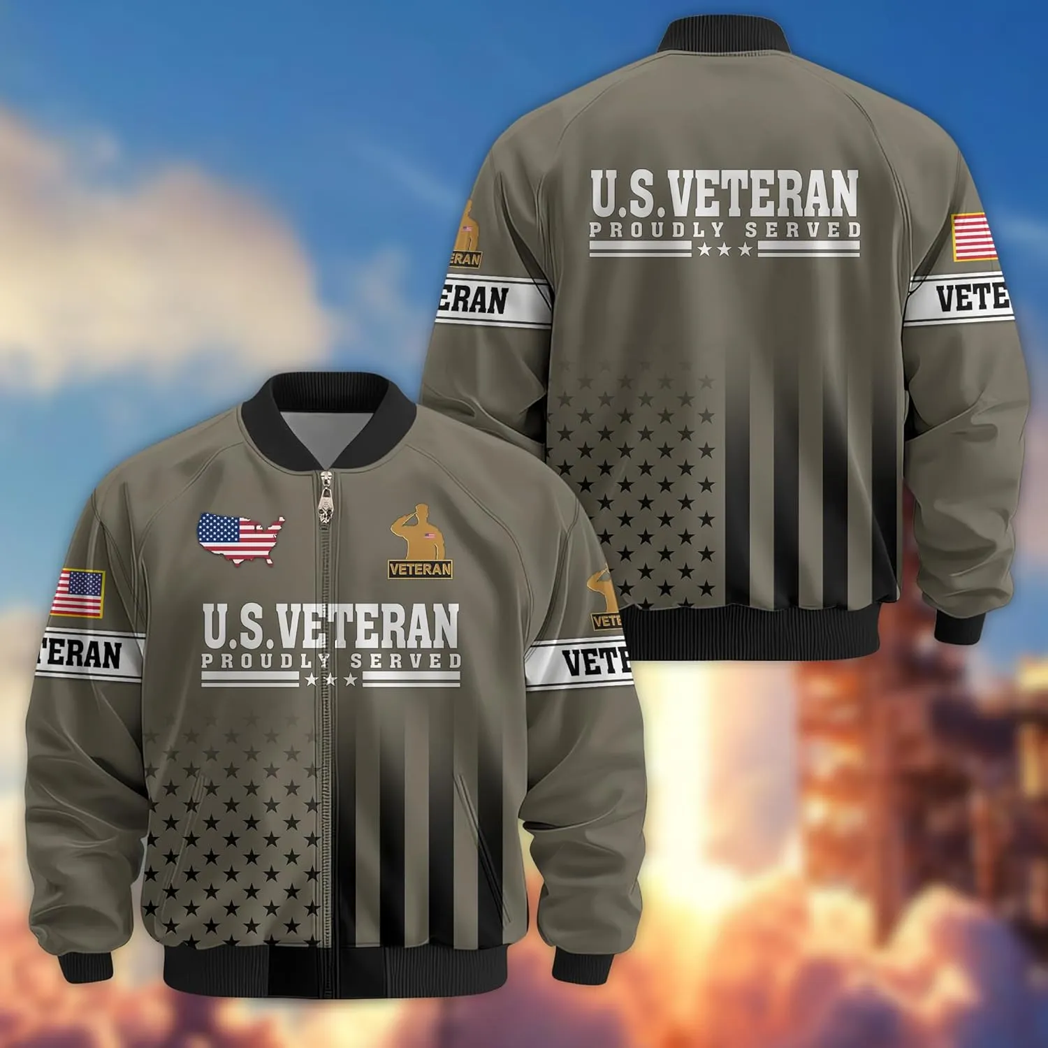 Honoring Patriotic Varsity Bomber Jacket for Veterans, Military Style Mens Outdoor Jacket  Perfect Veterans Day Gifts