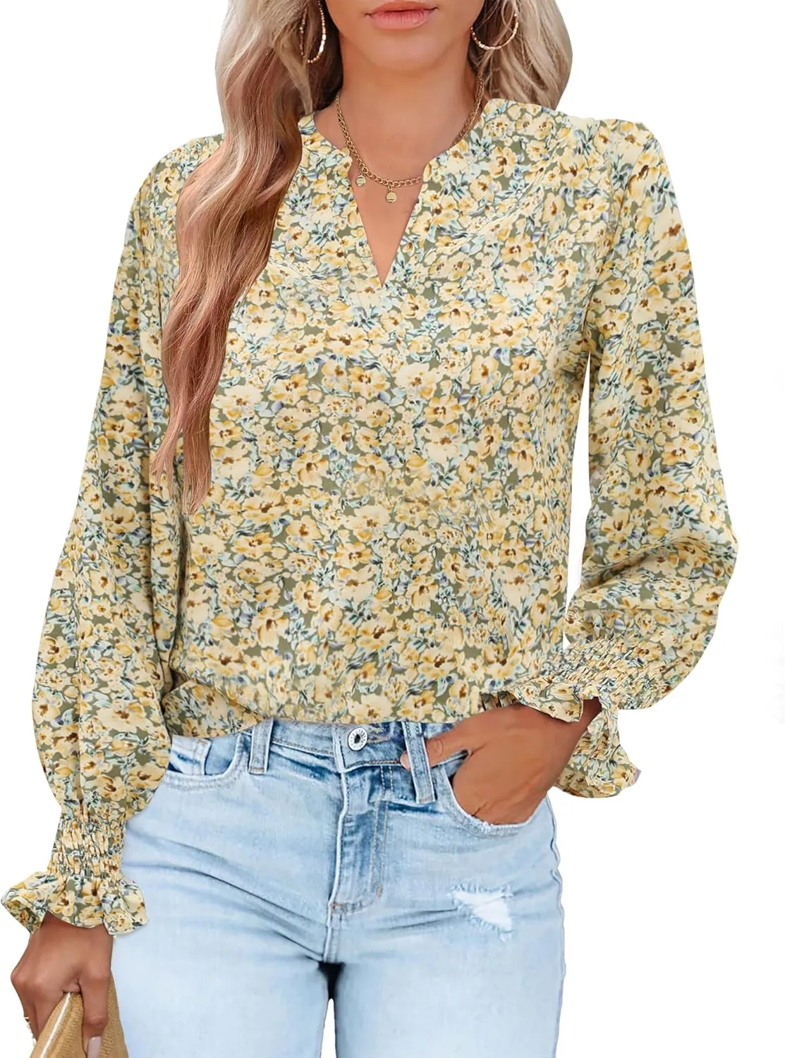 HOTOUCH Women Bohemian V Neck Floral Print Smocked Long Sleeve Casual Tops Chiffon Blouses Boho Shirts