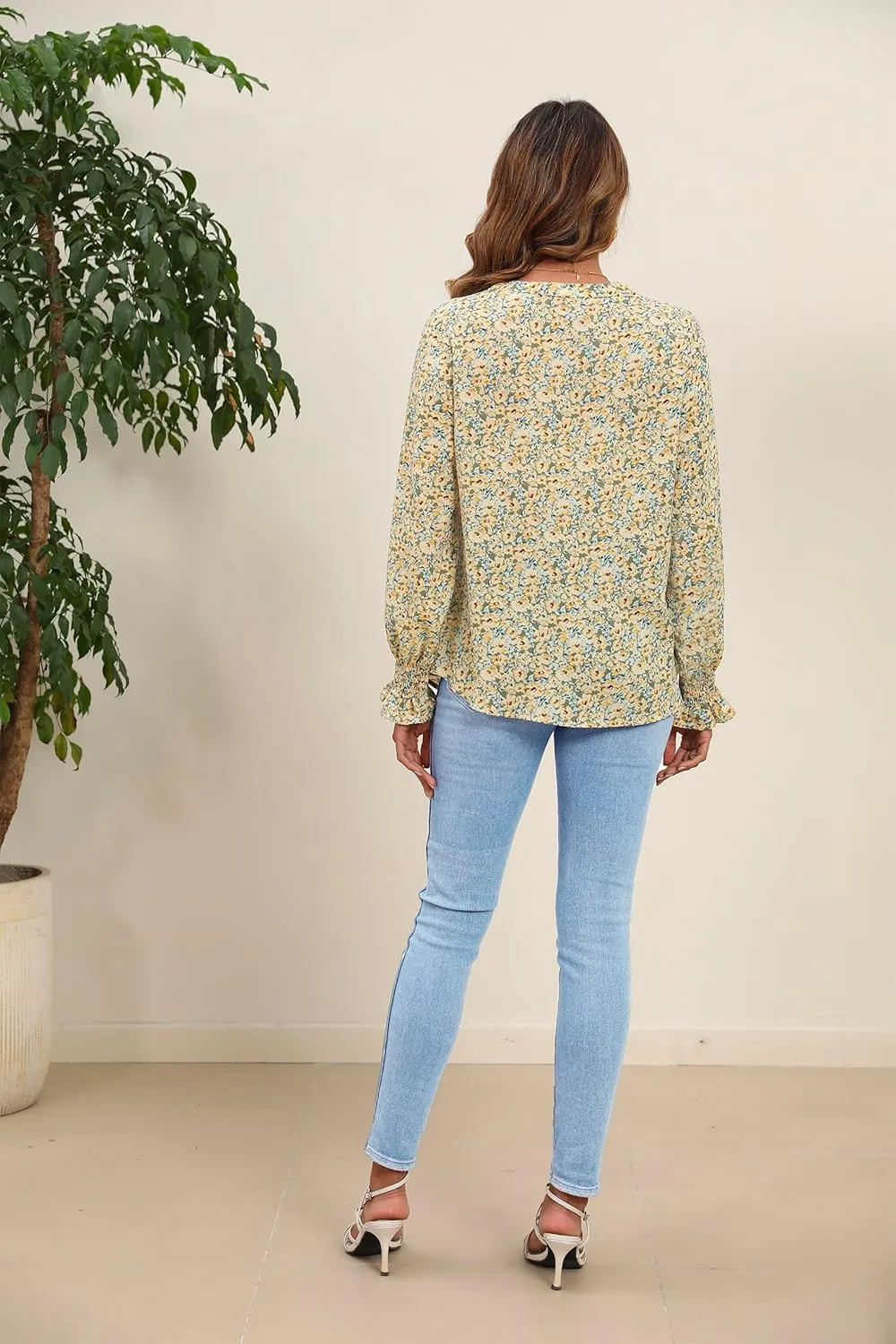 HOTOUCH Women Bohemian V Neck Floral Print Smocked Long Sleeve Casual Tops Chiffon Blouses Boho Shirts