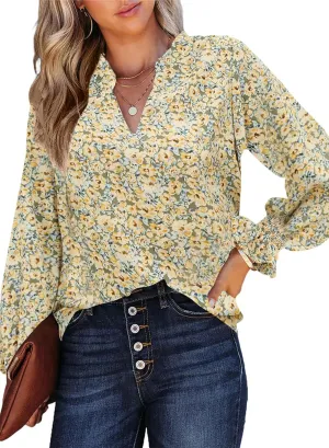 HOTOUCH Women Bohemian V Neck Floral Print Smocked Long Sleeve Casual Tops Chiffon Blouses Boho Shirts