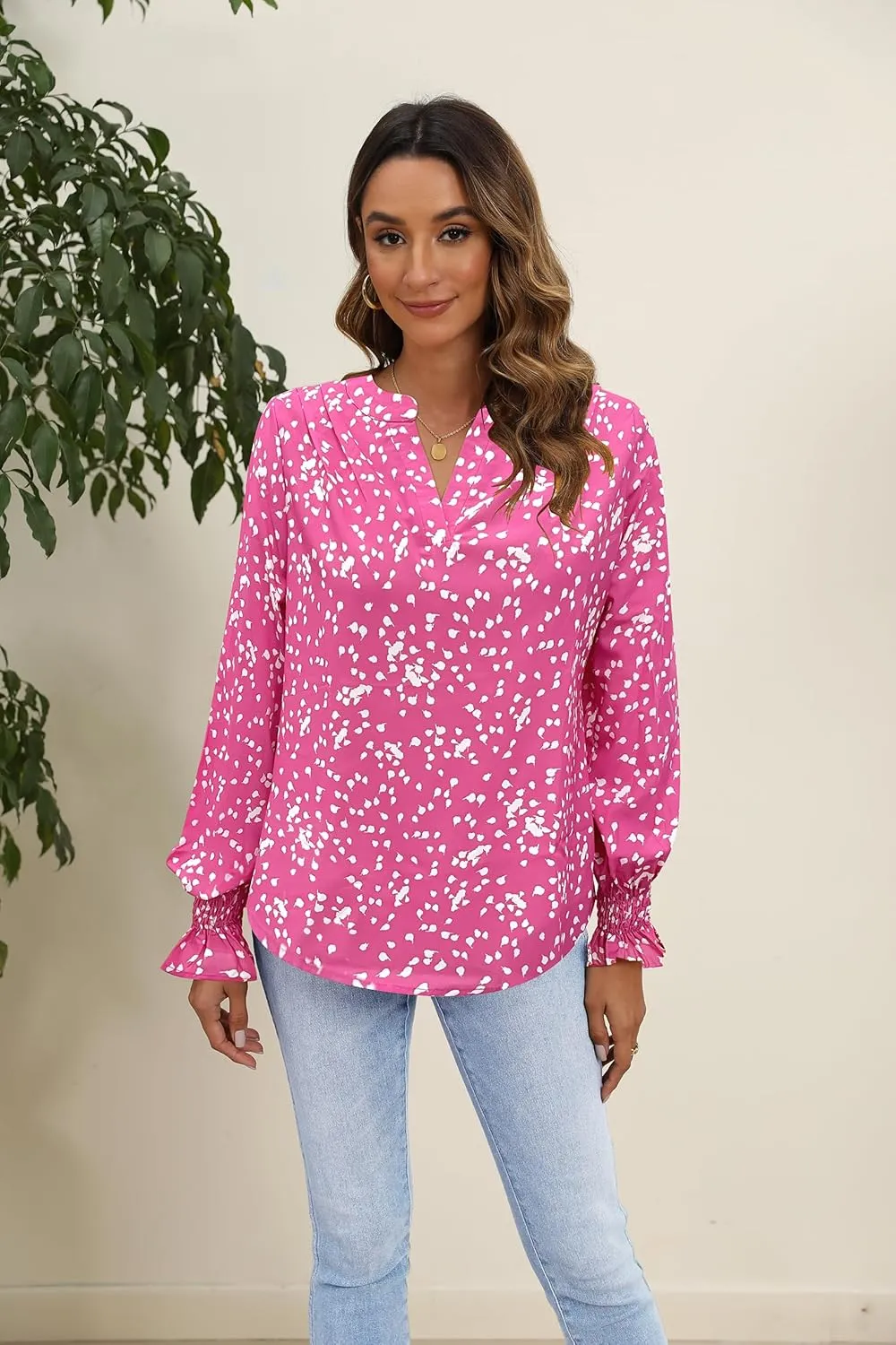 HOTOUCH Women Bohemian V Neck Floral Print Smocked Long Sleeve Casual Tops Chiffon Blouses Boho Shirts