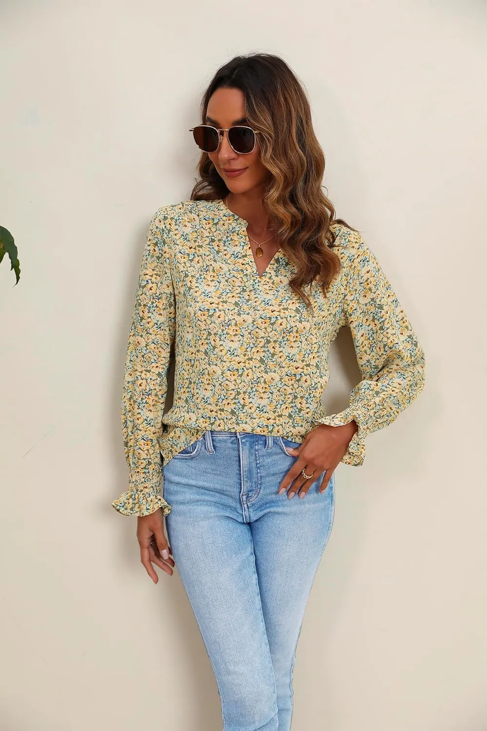 HOTOUCH Women Bohemian V Neck Floral Print Smocked Long Sleeve Casual Tops Chiffon Blouses Boho Shirts