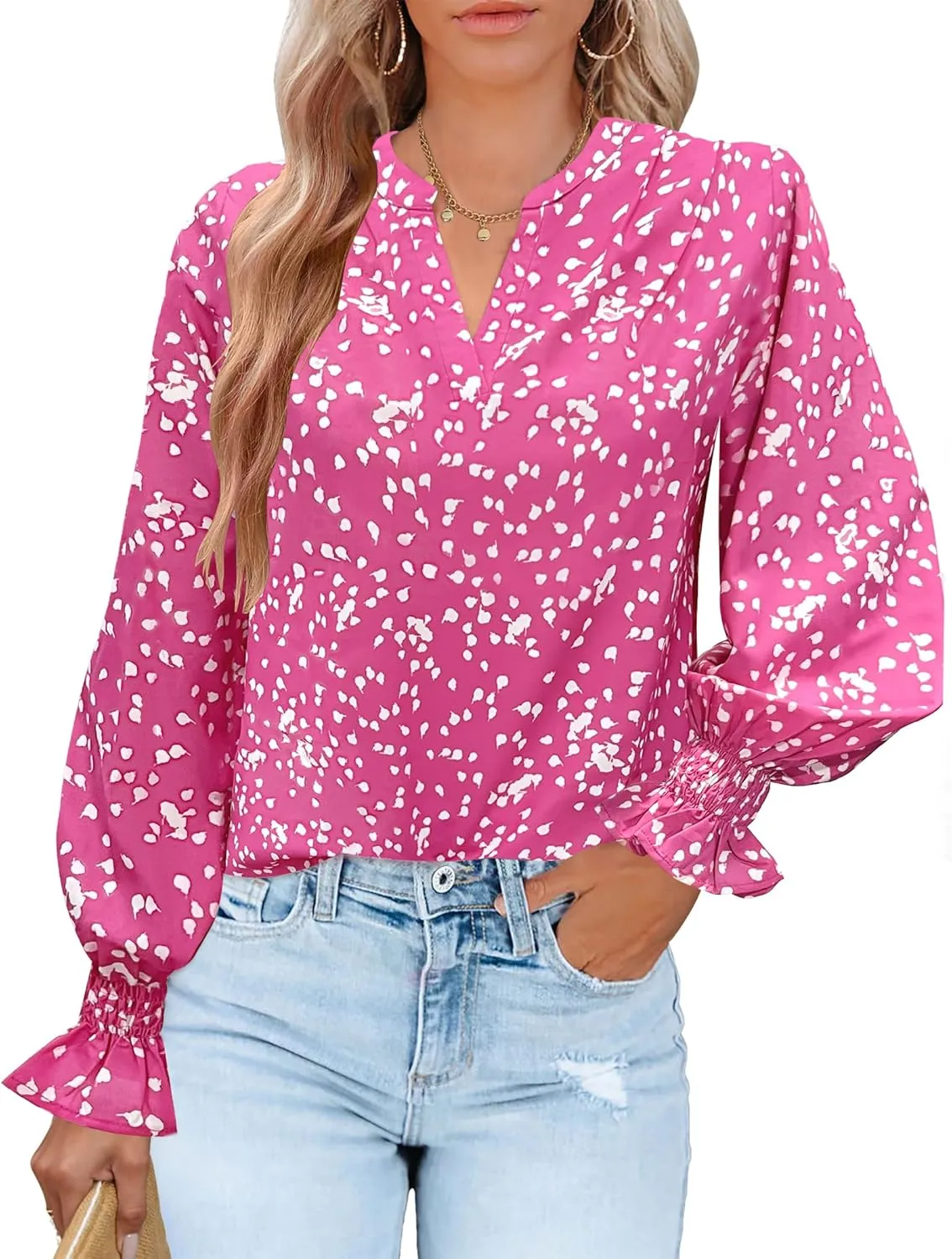HOTOUCH Women Bohemian V Neck Floral Print Smocked Long Sleeve Casual Tops Chiffon Blouses Boho Shirts