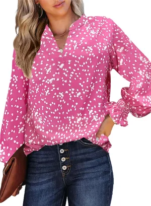 HOTOUCH Women Bohemian V Neck Floral Print Smocked Long Sleeve Casual Tops Chiffon Blouses Boho Shirts