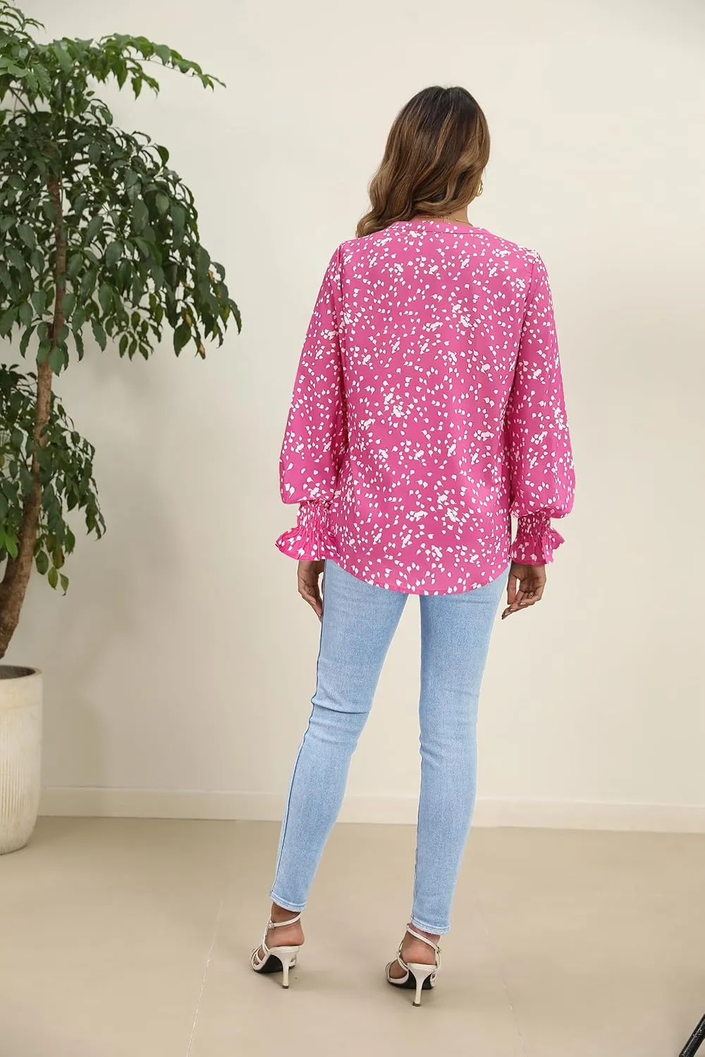 HOTOUCH Women Bohemian V Neck Floral Print Smocked Long Sleeve Casual Tops Chiffon Blouses Boho Shirts