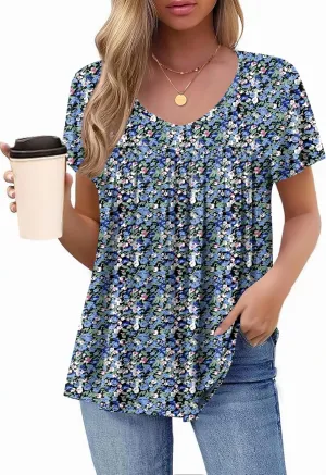 HOTOUCH Womens Ruffle Sleeve Tunic Tops Pleated V Neck Loose Fit Short Sleeve Shirts Summer Floral Casual Boho Blouses