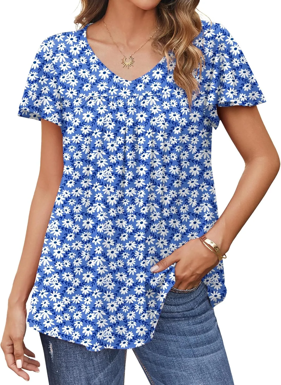 HOTOUCH Womens Ruffle Sleeve Tunic Tops Pleated V Neck Loose Fit Short Sleeve Shirts Summer Floral Casual Boho Blouses