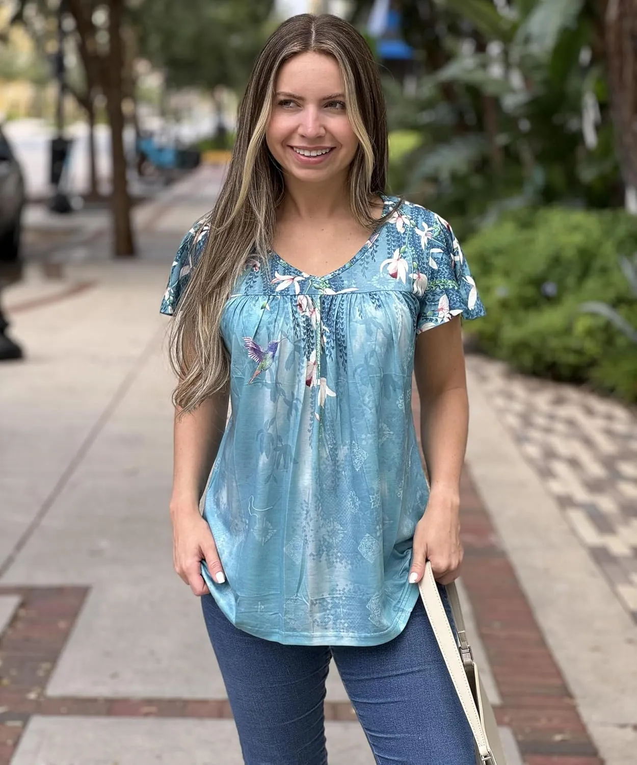HOTOUCH Womens Ruffle Sleeve Tunic Tops Pleated V Neck Loose Fit Short Sleeve Shirts Summer Floral Casual Boho Blouses