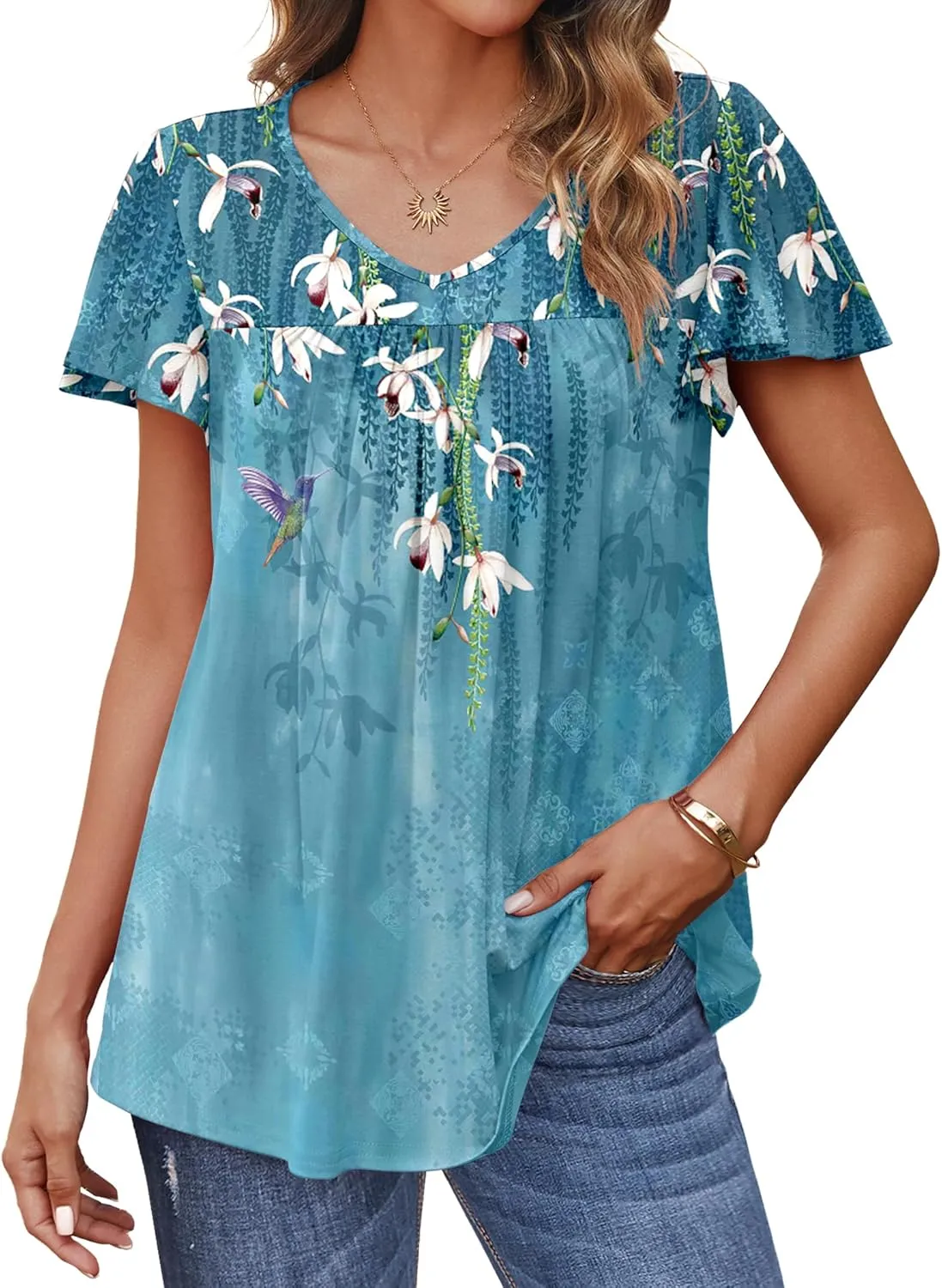 HOTOUCH Womens Ruffle Sleeve Tunic Tops Pleated V Neck Loose Fit Short Sleeve Shirts Summer Floral Casual Boho Blouses