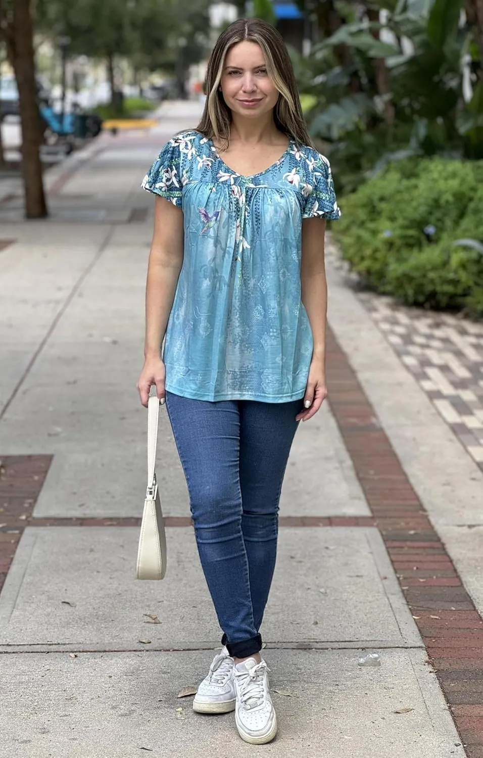 HOTOUCH Womens Ruffle Sleeve Tunic Tops Pleated V Neck Loose Fit Short Sleeve Shirts Summer Floral Casual Boho Blouses