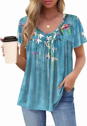 HOTOUCH Womens Ruffle Sleeve Tunic Tops Pleated V Neck Loose Fit Short Sleeve Shirts Summer Floral Casual Boho Blouses