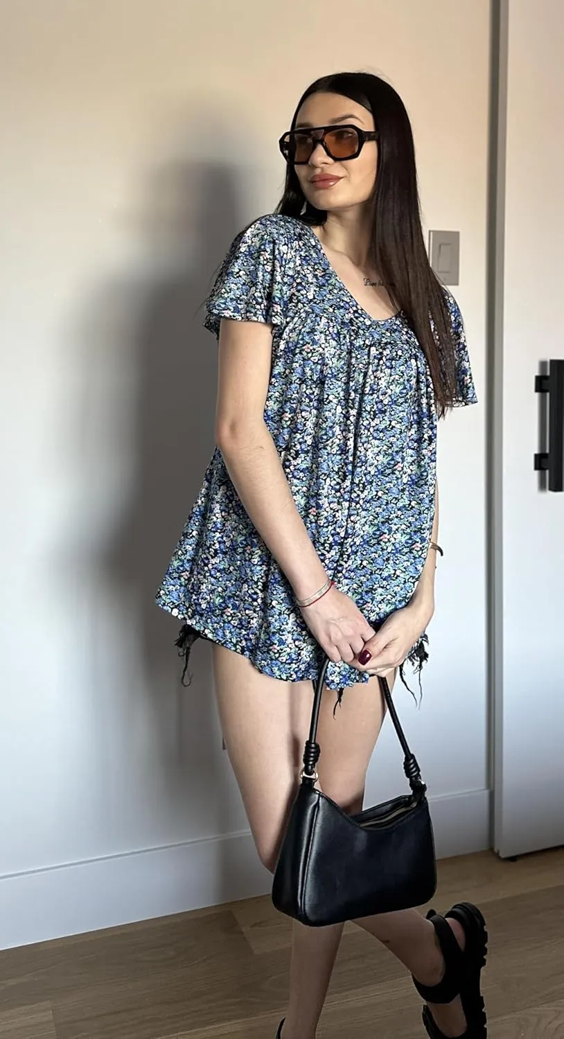 HOTOUCH Womens Ruffle Sleeve Tunic Tops Pleated V Neck Loose Fit Short Sleeve Shirts Summer Floral Casual Boho Blouses