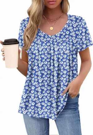 HOTOUCH Womens Ruffle Sleeve Tunic Tops Pleated V Neck Loose Fit Short Sleeve Shirts Summer Floral Casual Boho Blouses