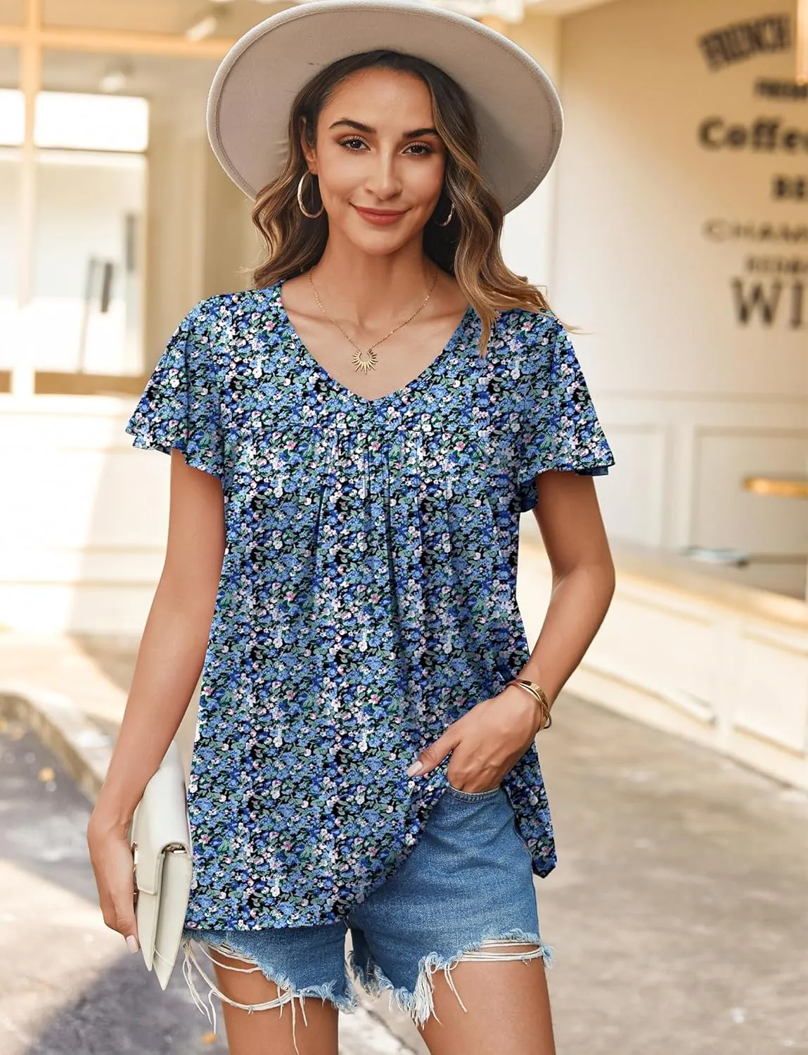 HOTOUCH Womens Ruffle Sleeve Tunic Tops Pleated V Neck Loose Fit Short Sleeve Shirts Summer Floral Casual Boho Blouses
