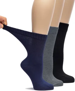 Hugh Ugoli Women's Bamboo Loose Fit Diabetic Crew Socks, Soft, Wide & Stretchy with Seamless Toe & Non-Binding Top, 3 Pairs