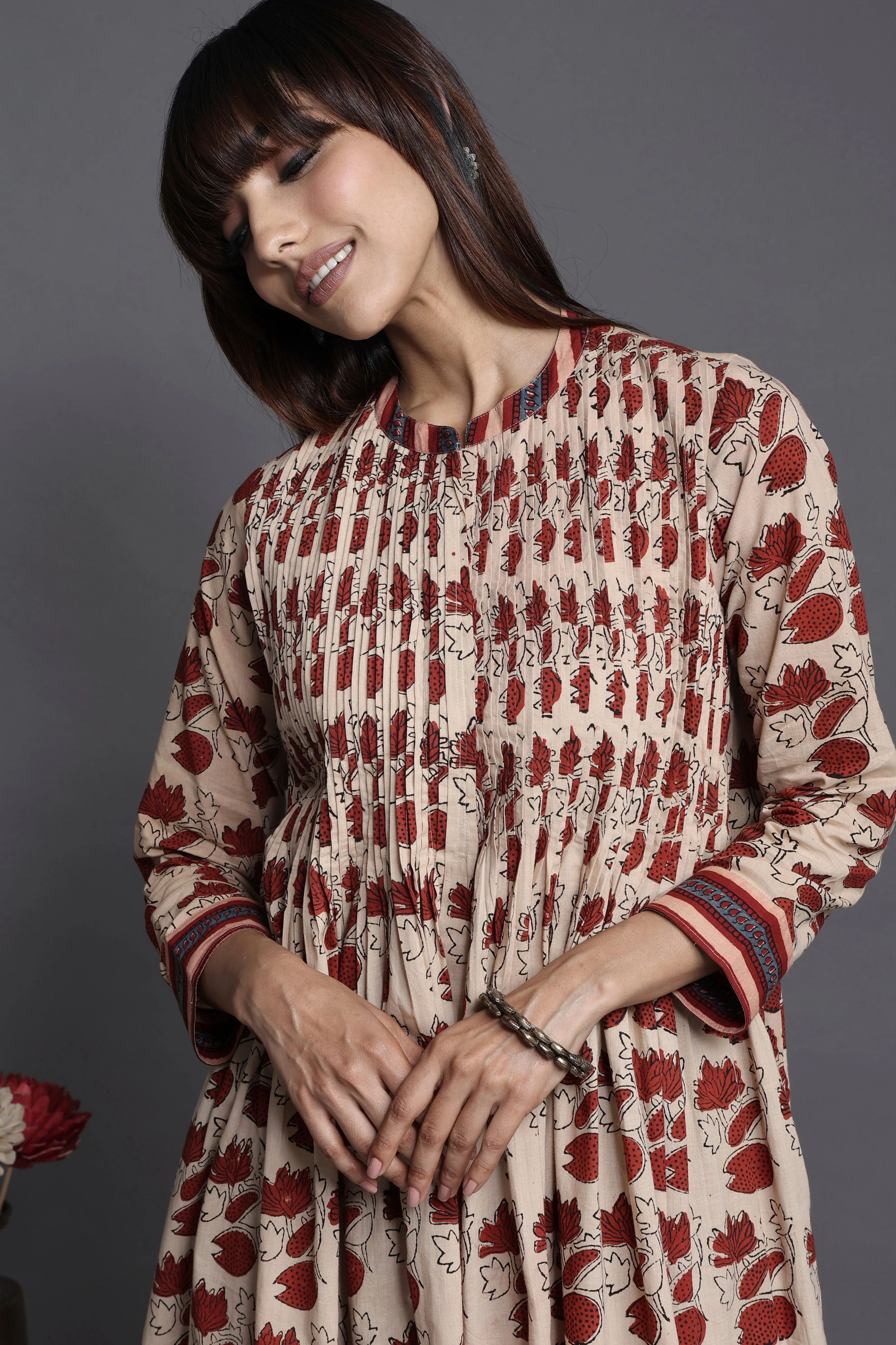 infinity pintuck dress - scarlet lotuses & ivory canvas
