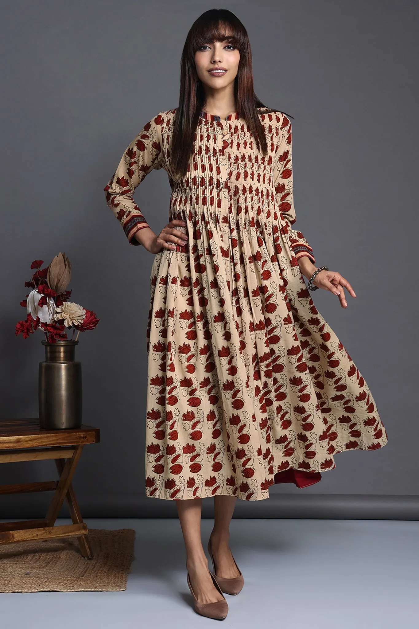 infinity pintuck dress - scarlet lotuses & ivory canvas