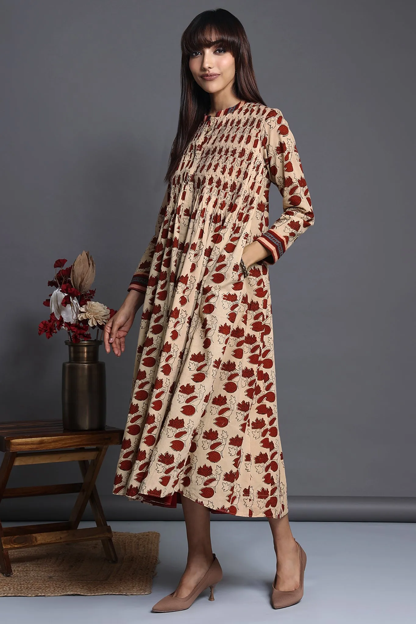 infinity pintuck dress - scarlet lotuses & ivory canvas