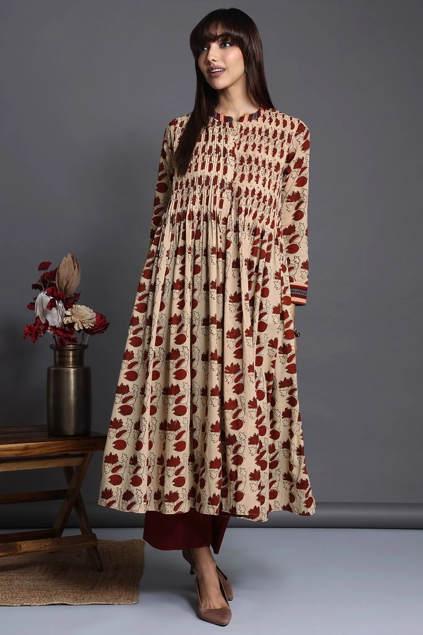 infinity pintuck dress - scarlet lotuses & ivory canvas