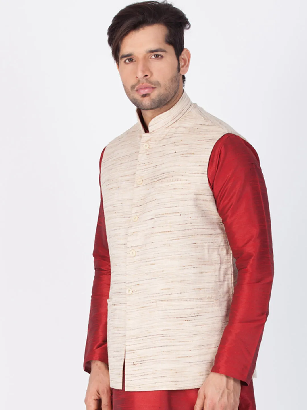 Jashvi Men's Beige Cotton Blend Ethnic Jacket