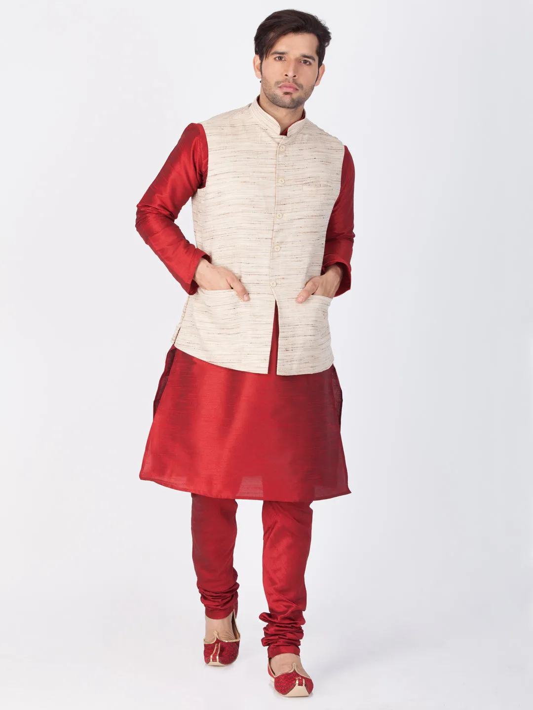Jashvi Men's Beige Cotton Blend Ethnic Jacket