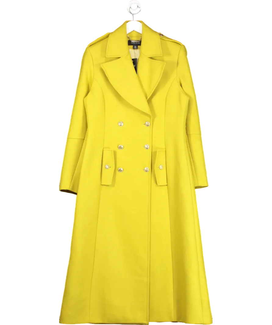 Karen Millen Chartreuse Premium Italian Manteco Wool Military Double Breasted Tailored Midi Coat UK 10