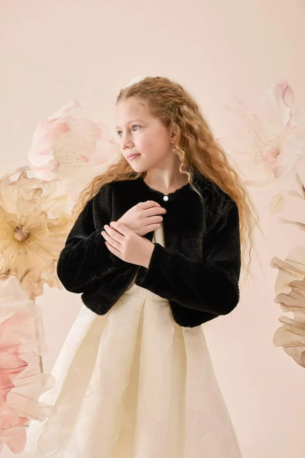 Lilax Girls Cozy Faux Fur Bolero Shrug Long Sleeve Crew Neck Dress Coat