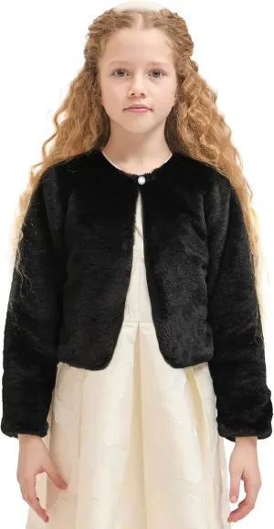 Lilax Girls Cozy Faux Fur Bolero Shrug Long Sleeve Crew Neck Dress Coat
