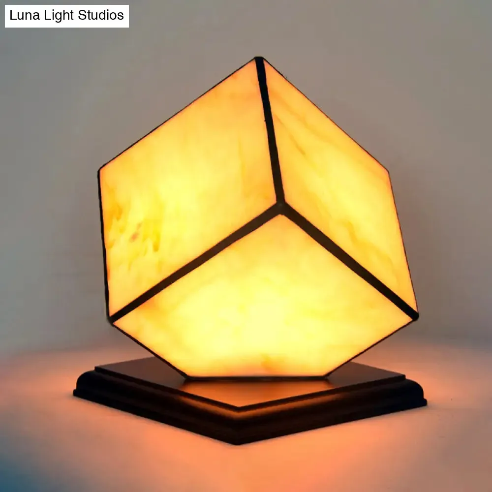 Mediterranean Style Beige Glass Cubic Night Light with Plug-In Cord
