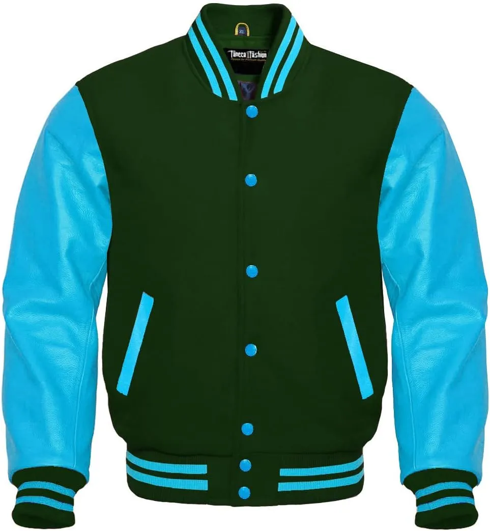 Men's Baseball Letterman Wool and Genuine Sky Blue Leather Sleeves Bomber Style Varsity Jacket