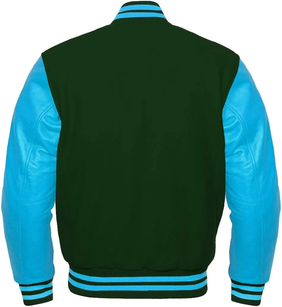 Men's Baseball Letterman Wool and Genuine Sky Blue Leather Sleeves Bomber Style Varsity Jacket