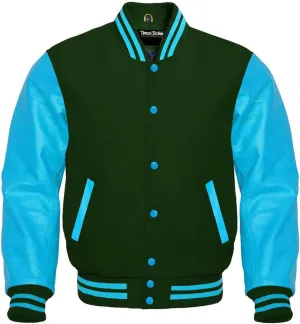 Men's Baseball Letterman Wool and Genuine Sky Blue Leather Sleeves Bomber Style Varsity Jacket