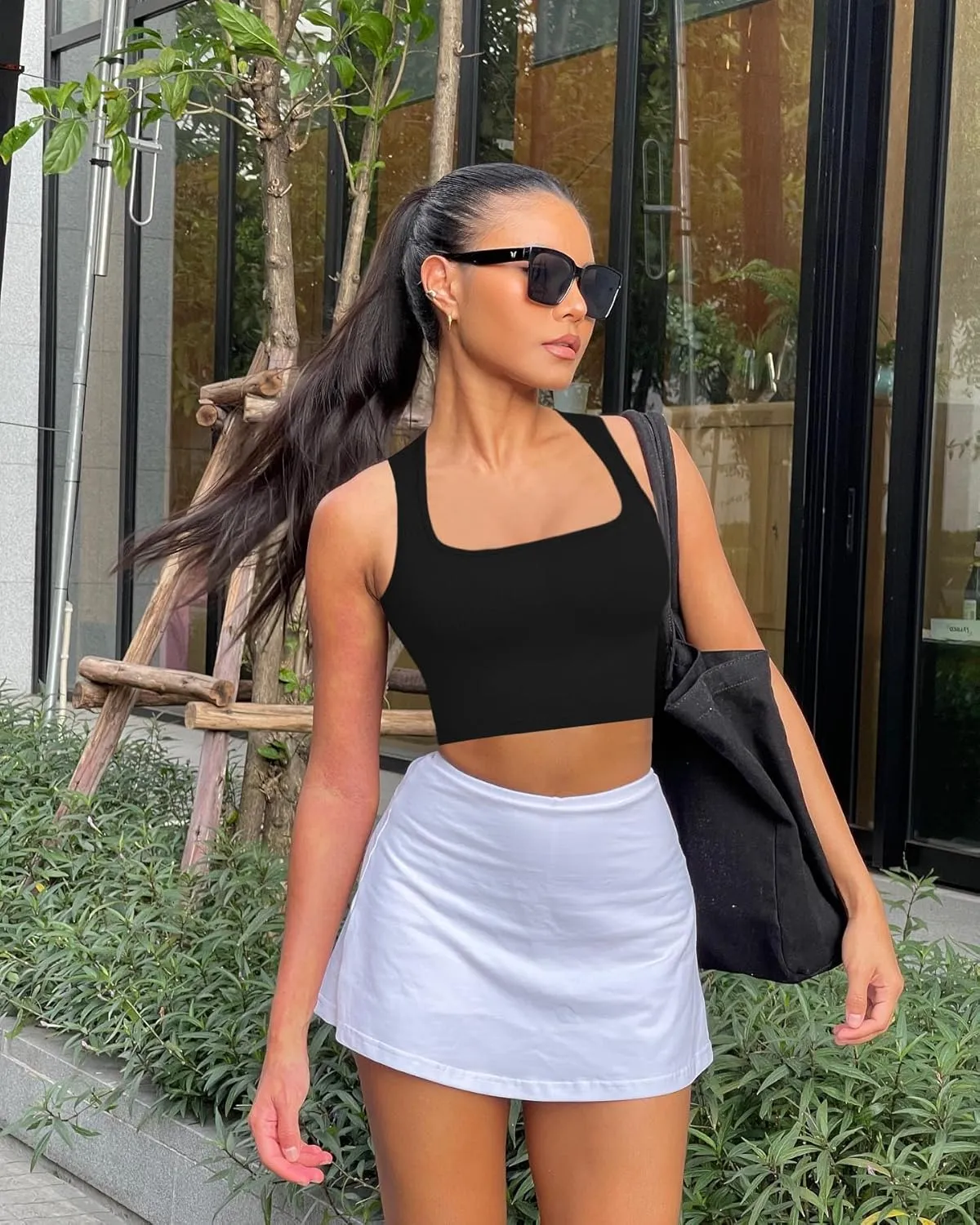 OLCHEE Womens 3 Pack Crop Tank Tops Seamless Ribbed Square Neck Tapered Shoulder Strap Sleeveless Workout Top Summer Shirts