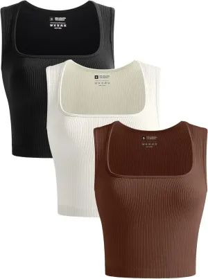 OLCHEE Womens 3 Pack Crop Tank Tops Seamless Ribbed Square Neck Tapered Shoulder Strap Sleeveless Workout Top Summer Shirts