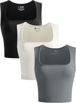 OLCHEE Womens 3 Pack Crop Tank Tops Seamless Ribbed Square Neck Tapered Shoulder Strap Sleeveless Workout Top Summer Shirts