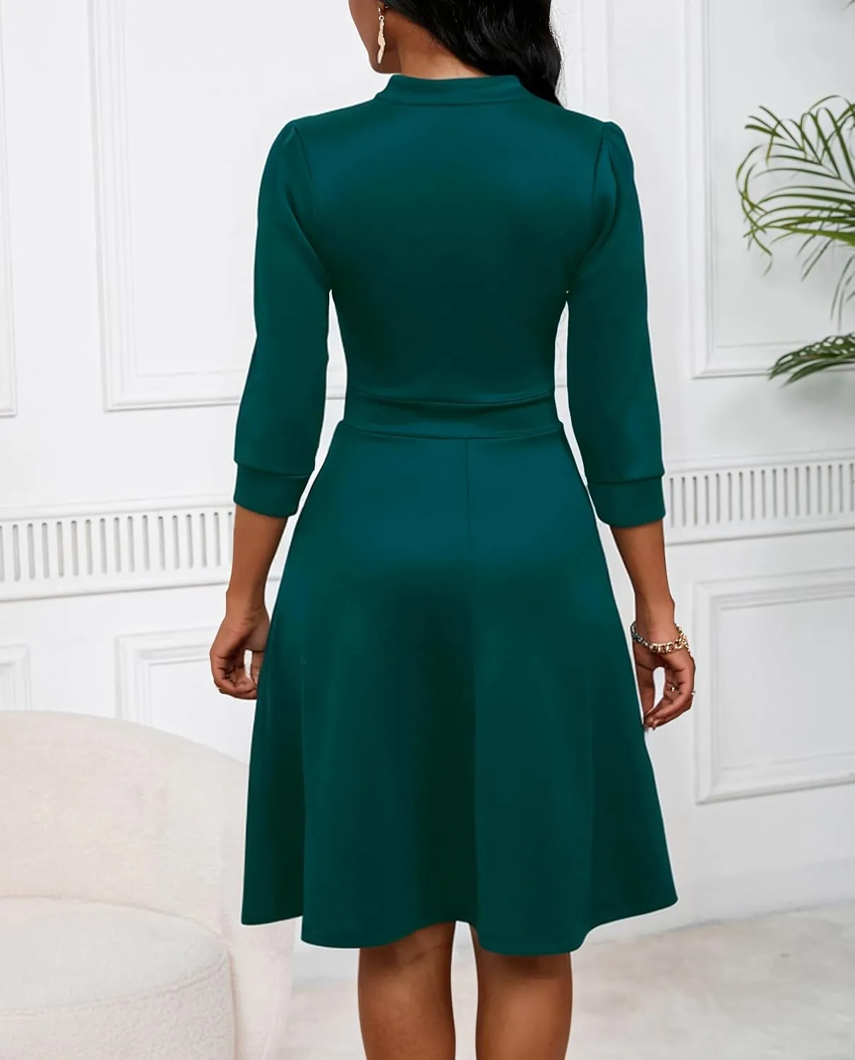 PerZeal Women's Casual Flowy A-Line Midi Dress Flared V-Neck Colorblock Print for Wedding Guest 3/4 Sleeve Dress with Belt