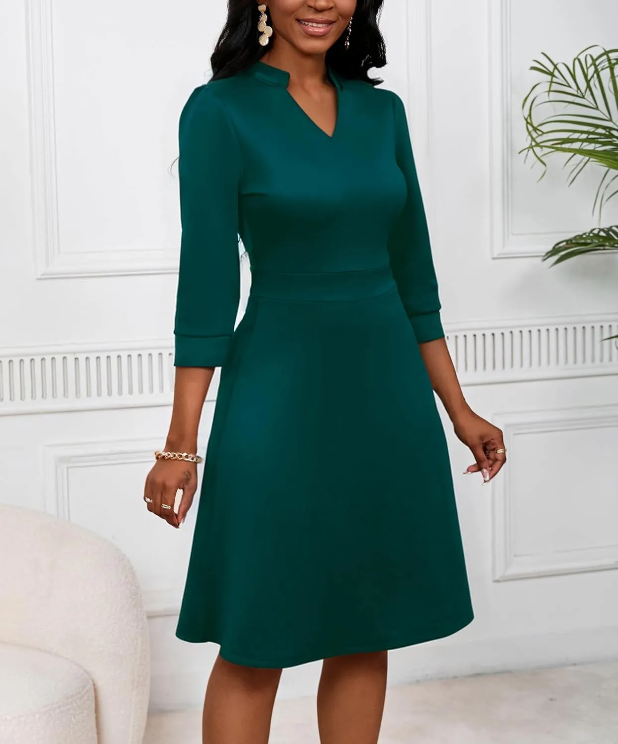 PerZeal Women's Casual Flowy A-Line Midi Dress Flared V-Neck Colorblock Print for Wedding Guest 3/4 Sleeve Dress with Belt