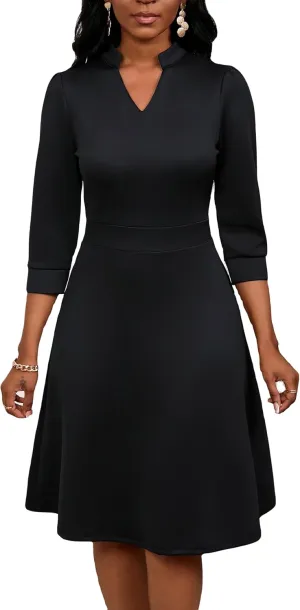 PerZeal Women's Casual Flowy A-Line Midi Dress Flared V-Neck Colorblock Print for Wedding Guest 3/4 Sleeve Dress with Belt