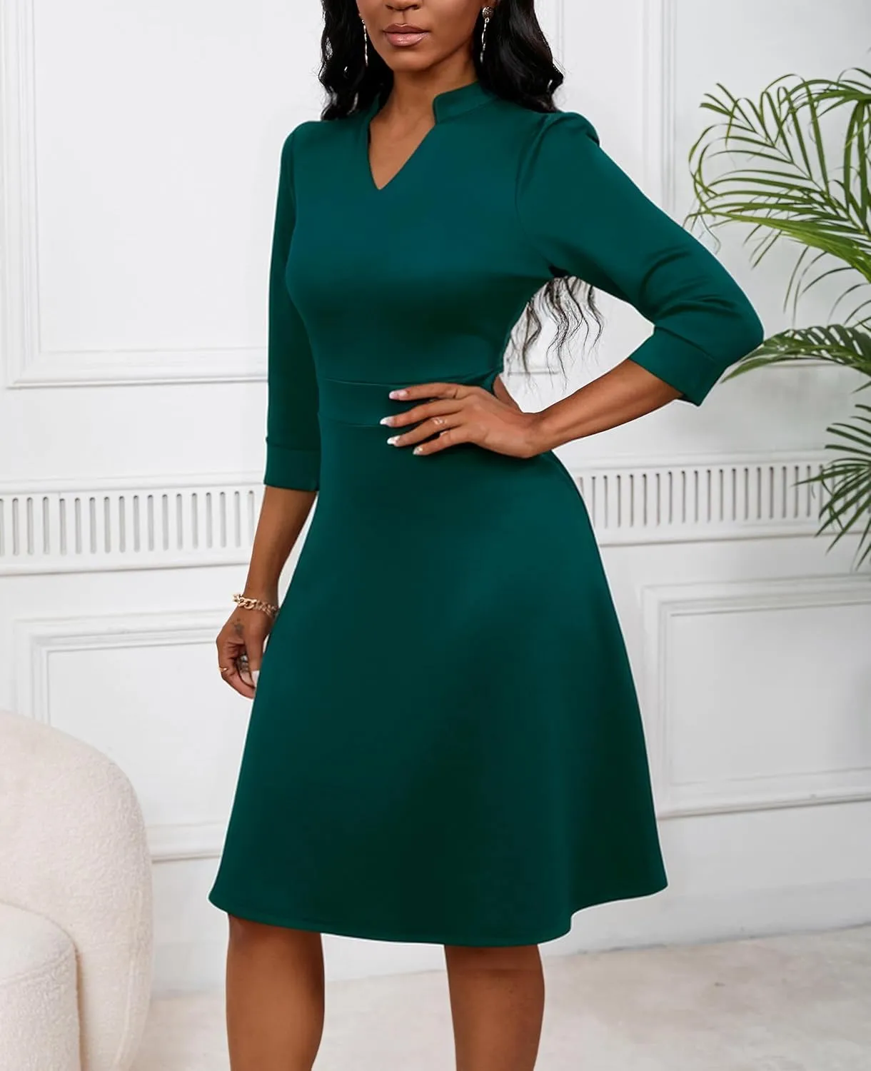 PerZeal Women's Casual Flowy A-Line Midi Dress Flared V-Neck Colorblock Print for Wedding Guest 3/4 Sleeve Dress with Belt