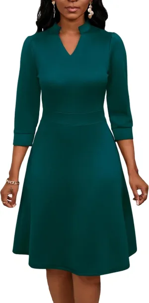 PerZeal Women's Casual Flowy A-Line Midi Dress Flared V-Neck Colorblock Print for Wedding Guest 3/4 Sleeve Dress with Belt