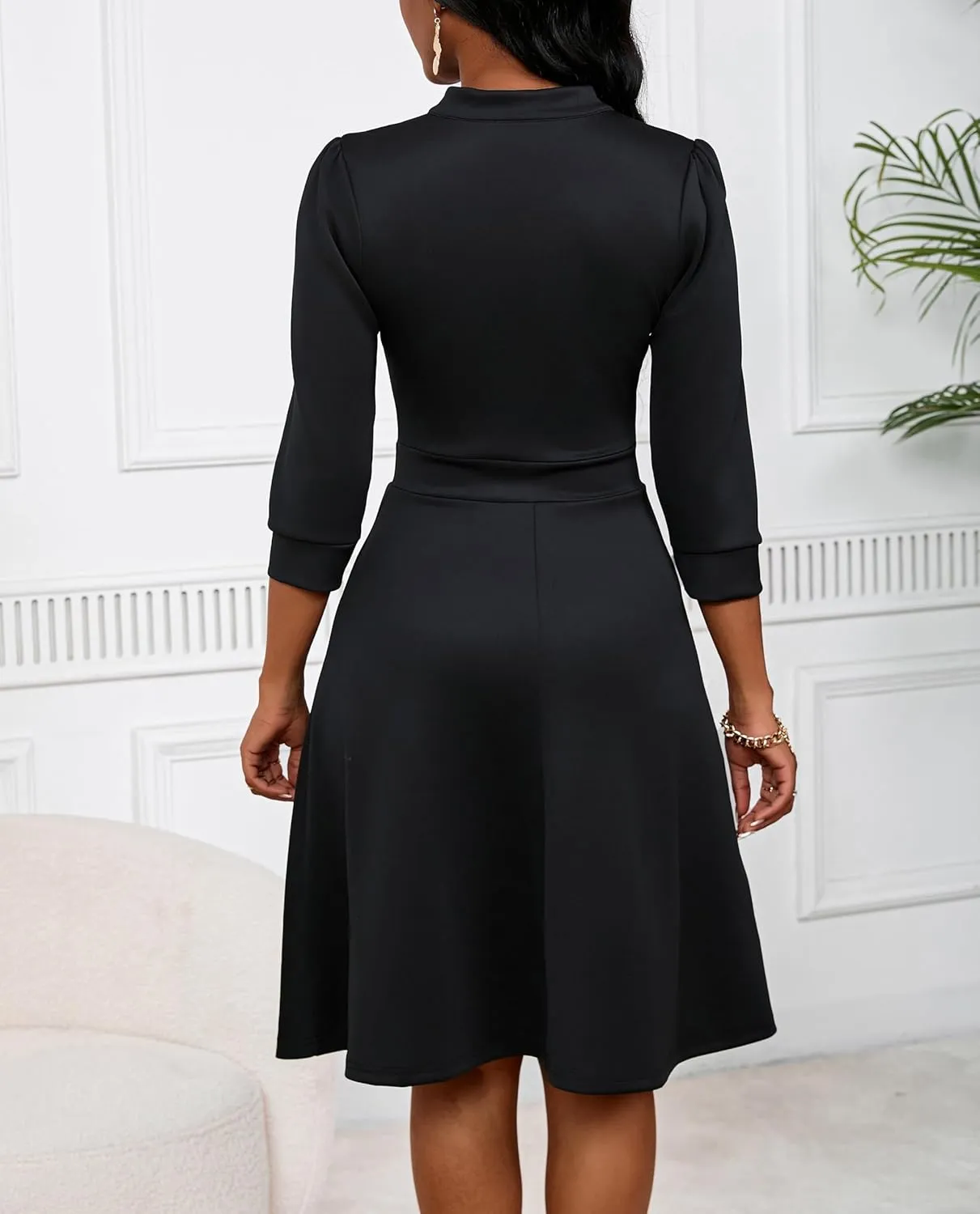 PerZeal Women's Casual Flowy A-Line Midi Dress Flared V-Neck Colorblock Print for Wedding Guest 3/4 Sleeve Dress with Belt
