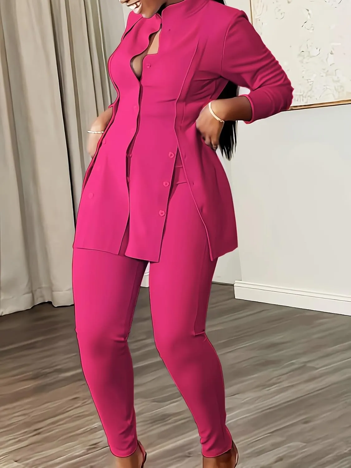 Plus Size Women's Button-Front Blazer and Pants Set, Curvy Long Sleeve Professional Two-Piece Suit