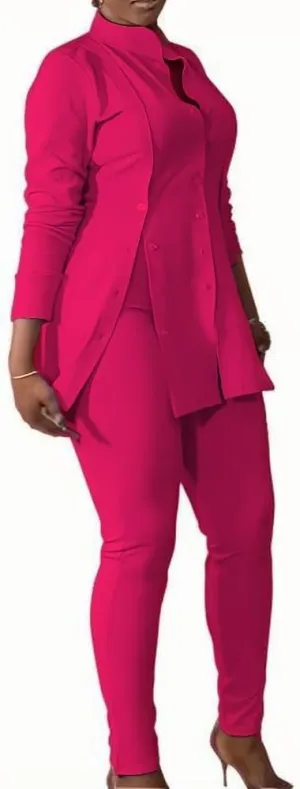 Plus Size Women's Button-Front Blazer and Pants Set, Curvy Long Sleeve Professional Two-Piece Suit