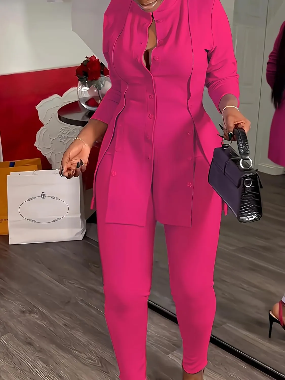 Plus Size Women's Button-Front Blazer and Pants Set, Curvy Long Sleeve Professional Two-Piece Suit