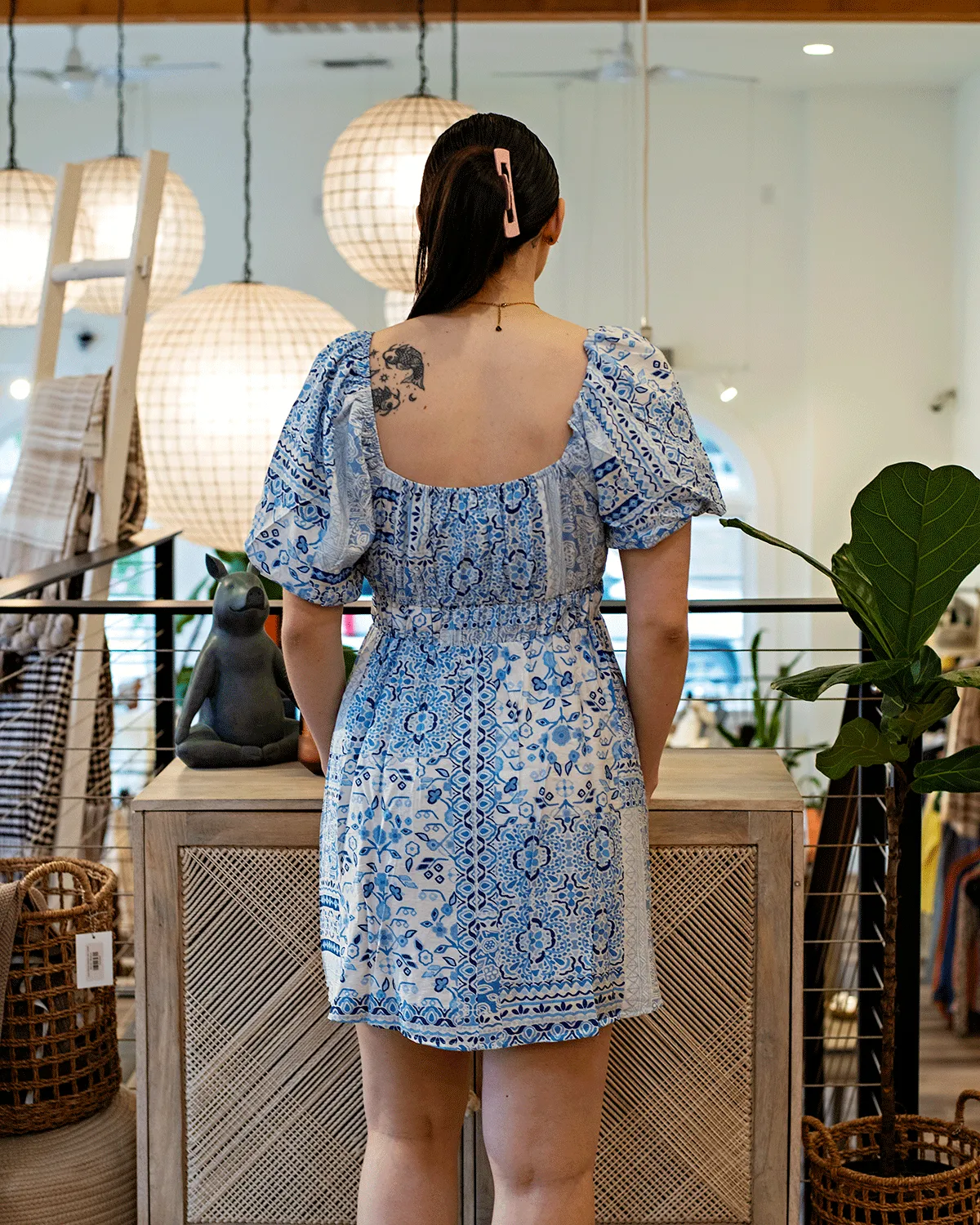 Printed Square Neck Puff Sleeve Mini Dress