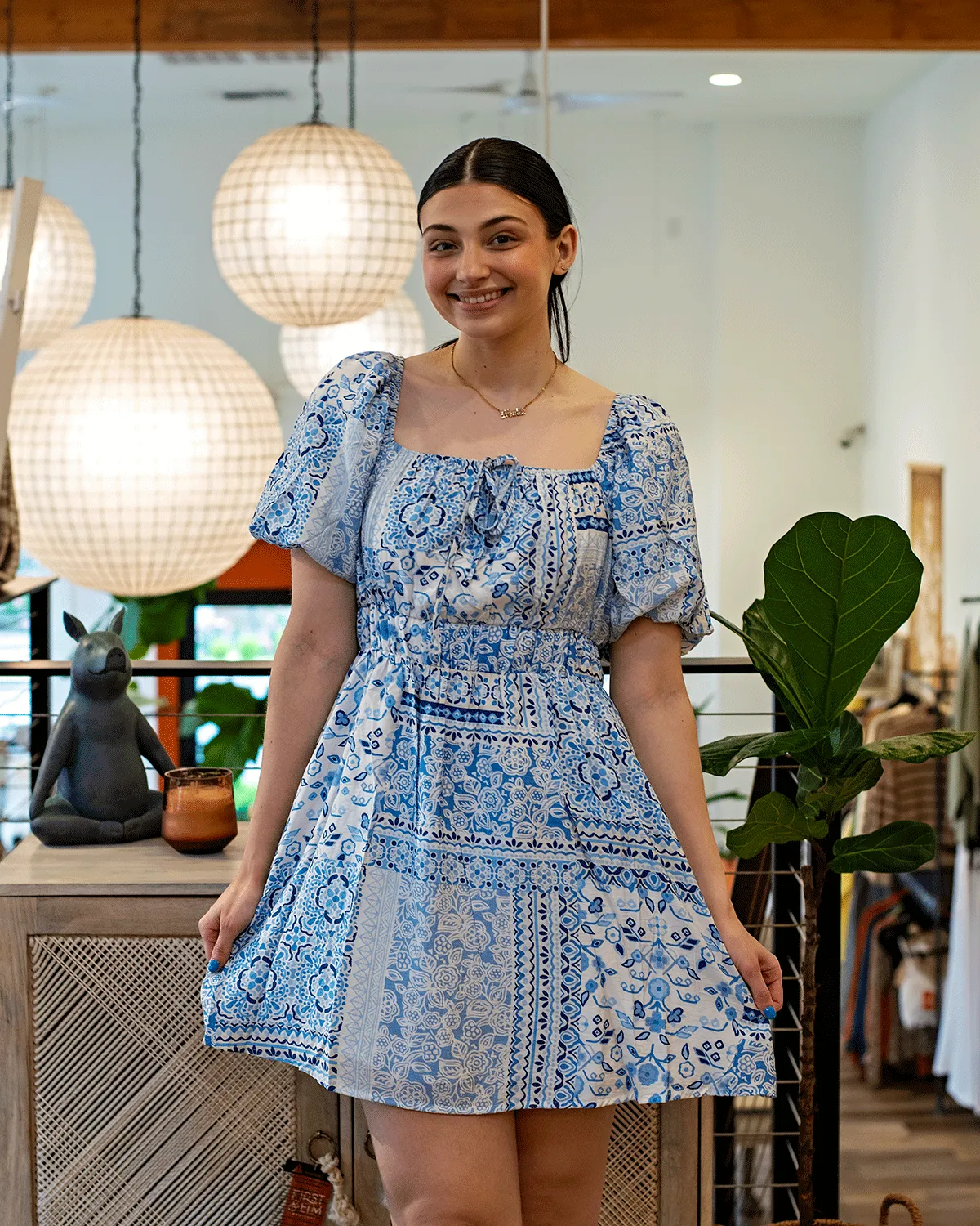 Printed Square Neck Puff Sleeve Mini Dress