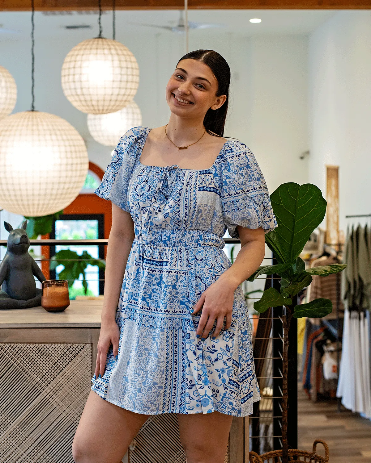 Printed Square Neck Puff Sleeve Mini Dress