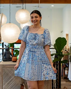 Printed Square Neck Puff Sleeve Mini Dress