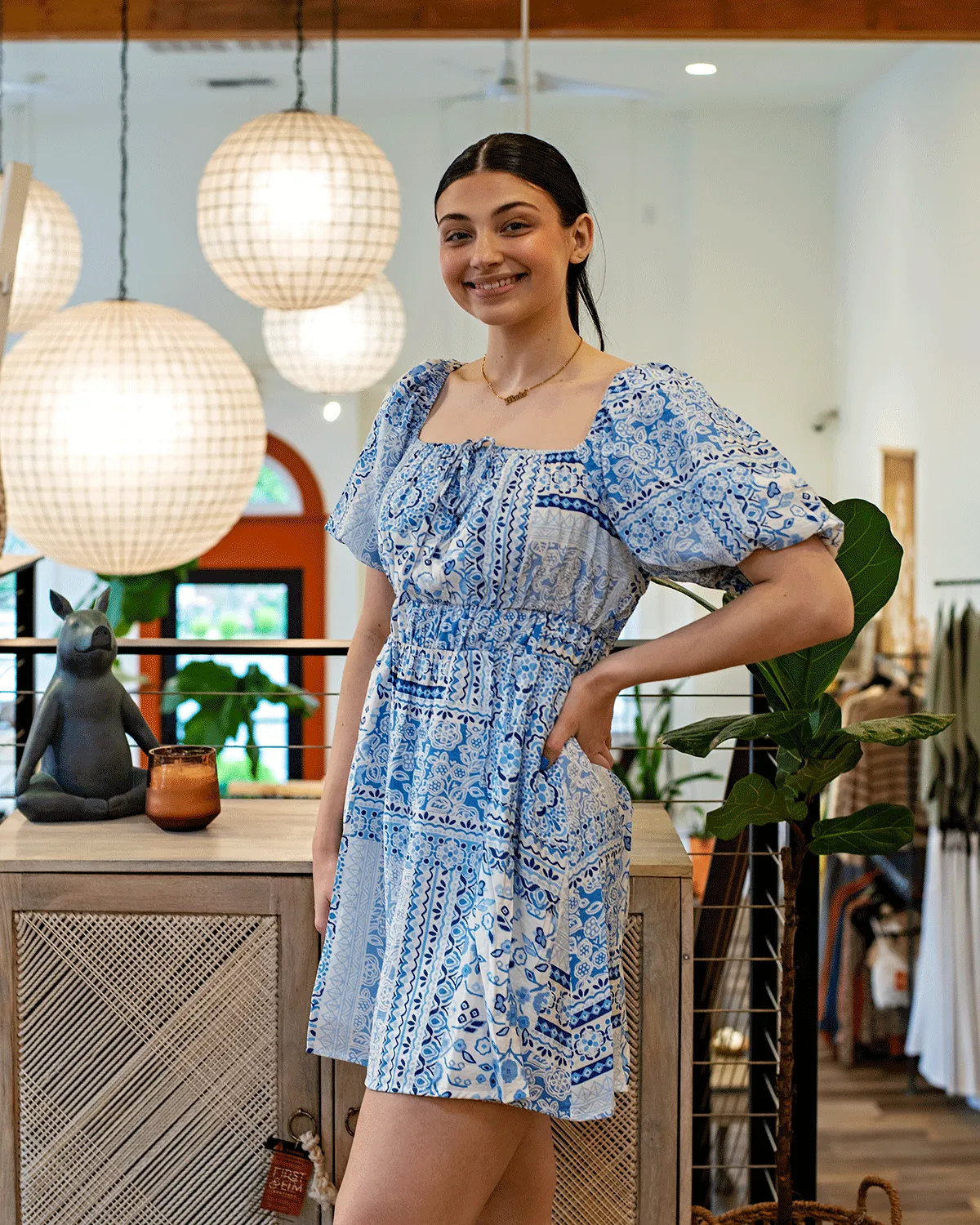 Printed Square Neck Puff Sleeve Mini Dress